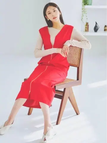 LAGUNAMOON 커브 라인 프론트 ZIP 오버롤 스커트 레드 / M