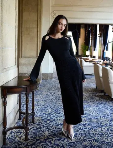 eimy istoire 리브 니트 플레어 원피스 38 블랙 L 사이즈