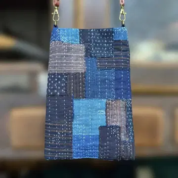 빈티지 원단 스마트폰 파우치 네이비 나염 줄무늬 패턴 보로 퀼트