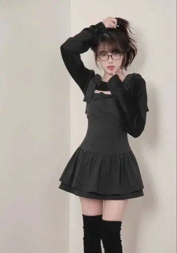 BunnyLis 퍼지 볼레로 스트라이프 미니 원피스 세트 블랙