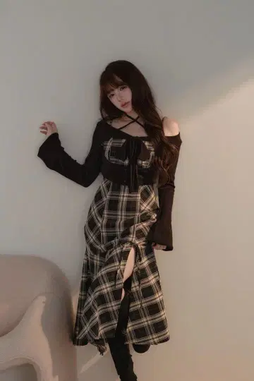 bunnylis 리본 퍼 볼레로 x 체크 롱 원피스