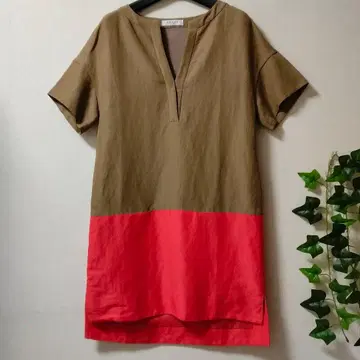 ADORE 반팔 무릎 기장 바이컬러 원피스 린넨 혼방