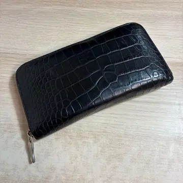 Orobianco 천연 가죽 악어 엠보싱 라운드 지퍼 장지갑 블랙