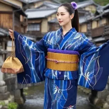 레트로 여성용 유카타 세트 기장 157cm 네이비 나비 반폭 오비