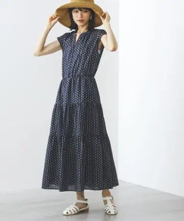 [새상품급] BEAMS HEART 티어드 원피스 코몬 무늬 네이비 롱