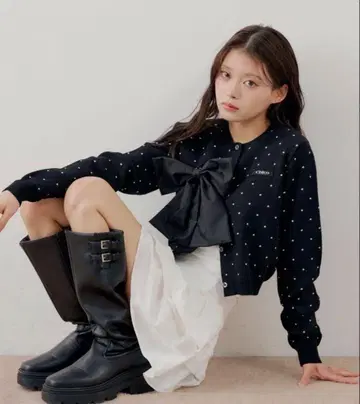 chico 리본 컴팩트 니트 가디건 블랙