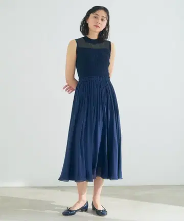 ANAYI 시어 리브 플리츠 도킹 원피스 34 네이비