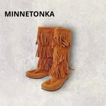 미네통카 프린지 롱 부츠 스웨이드 카멜 보헤미안 웨스턴