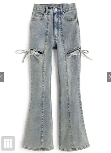 GRL cu578 사이드 컷 아웃 리본 플레어 데님 팬츠 L 라이트 블루