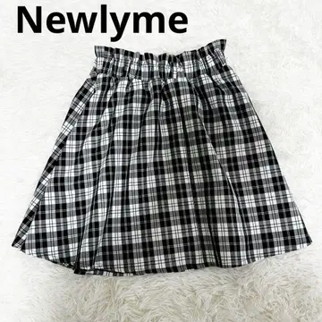 뉴리미 체크 무늬 플레어 스커트 블랙 화이트 허리밴딩 무릎 기장 L