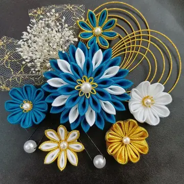 머리 장식 츠마미자이쿠 성인식 졸업식 결혼식 시치고산 청록색 화이트 금