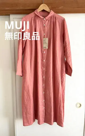 정가 6,990엔 MUJI 린넨 워싱 긴팔 셔츠 원피스 핑크 M