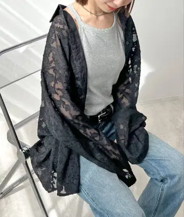 FUTIER LAND 자카드 플라워 시어 셔츠 블랙