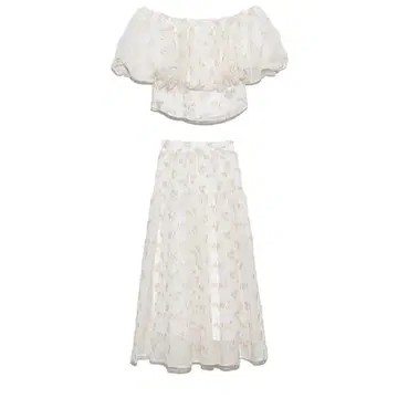 스나이델 자카드 오프숄더 블라우스 + 자카드 볼륨 스커트 화이트