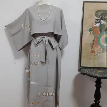 리메이크 기모노 롱 원피스 볼레로 포함 순수 실크 L