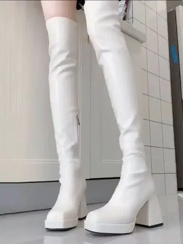 화이트 니하이 부츠 힐 8CM 코스프레 새상품