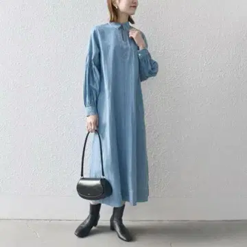 SHIPS any 세탁기 사용 가능 데님 오픈 카라 텐트라인 원피스