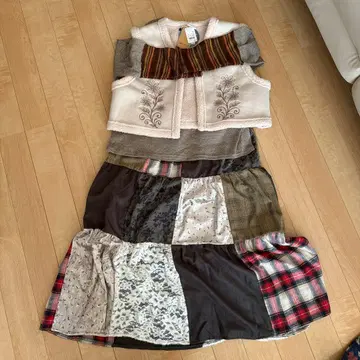 패치워크 긴팔 상의, 베스트, 스커트 세트