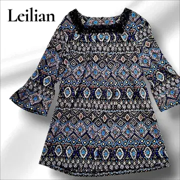 Leilian 블라우스 튜닉 올 패턴 레이스 벨 슬리브 루즈핏