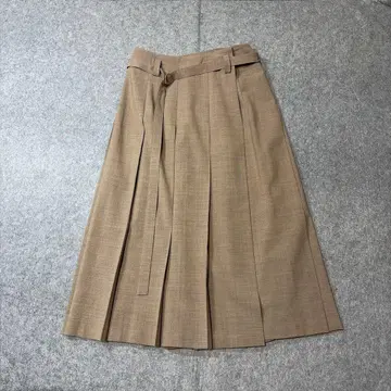 새상품급 플리츠 롱 스커트 울 벨트 포함 랩 스타일 베이지 레트로