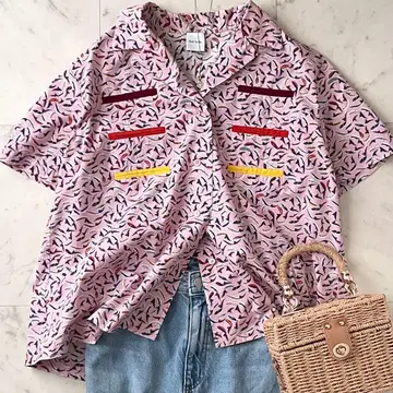 새상품급*폴스미스 오픈 카라 반팔 셔츠 40 핑크 물고기 피쉬 일본제