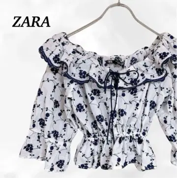 자라 [ ZARA ] 오프숄더 블라우스 [ S ] 화이트 네이비 프릴 숏