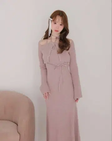 M me eme Layered ribbon knit onepiece