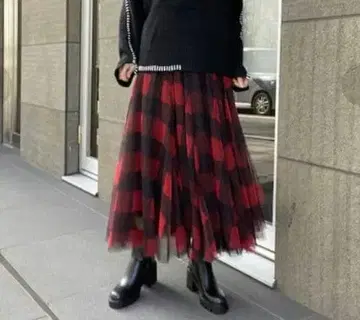 SCOT CLUB 블록 체크 튤 롱 스커트 빨간색 x 블랙