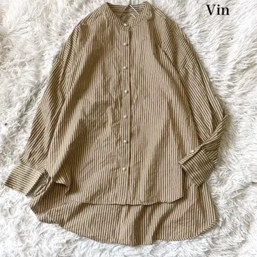 Vin 펄 단추 밴드 카라 스트라이프 오버 사이즈 셔츠 9호 베이지