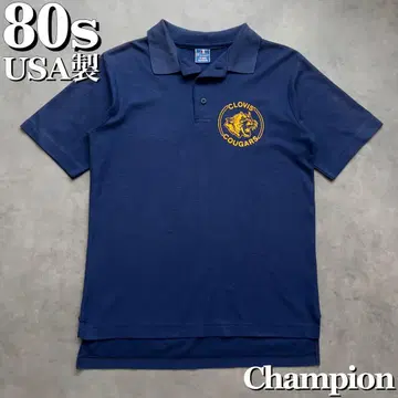 80s USA 제조 Champion 피케 셔츠 싱글 스티치 가지색 네이비