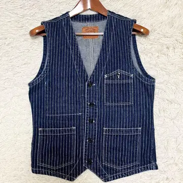 새상품급 플랫 헤드 DV-01W 데님 베스트 워배시 스트라이프 L 봄