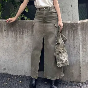 EVRIS 카고 포켓 데님 롱 스커트