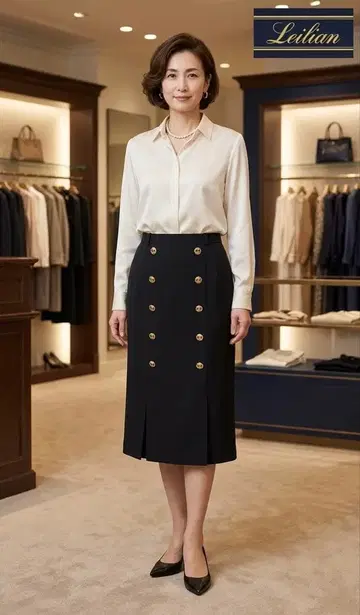 Leilian 레리안 9호 골드 버튼 네이비 울 스커트