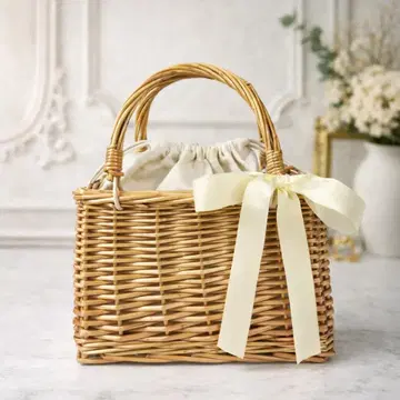내추럴 라탄 리본 포함 바스켓백