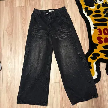 MENES 와이드 데님 팬츠 크러쉬 가공 블랙 S 사이즈