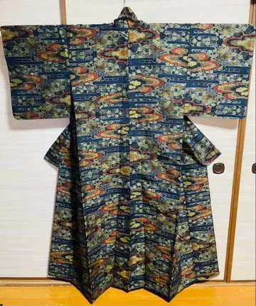 순수 실크 오시마 명주 꽃무늬 기모노 네이비