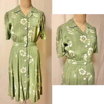 40s 50s 빈티지 원피스 레이온 퍼프 슬리브 하와이안