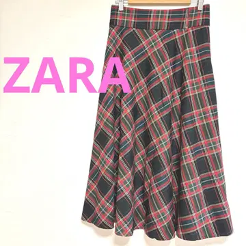 자라 ZARA WOMAN 레드 타탄 체크 패턴 플레어 롱 스커트 L