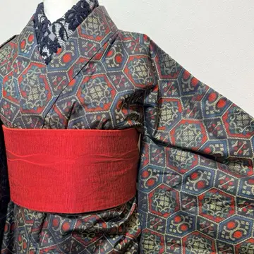 기모노 오시마 명주 류고 패턴 기하학 빨간색 파랑 멋진 실크 이중 기모노