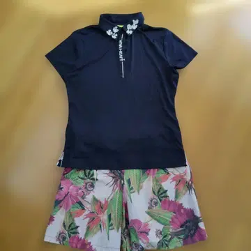 VIVAHEAT 플라워 모티브 옷깃 피케 셔츠 네이비 L