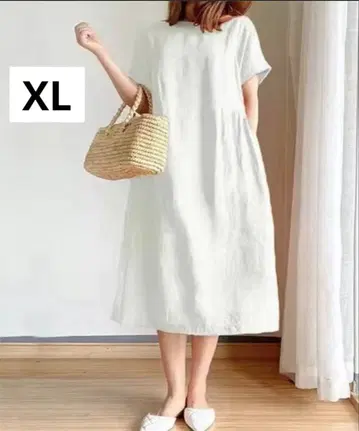 새상품급 빅 사이즈 면 린넨 화이트 플레어 원피스 봄/여름 XL 사이즈