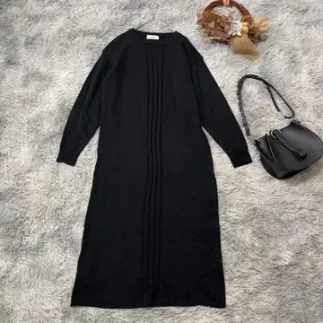 빔즈 (F) 니트 원피스 롱 긴팔 블랙 리브 와플