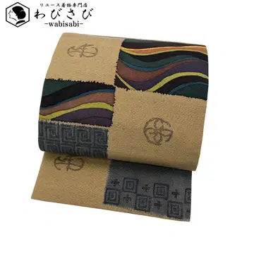 나고야 오비 견직물 바둑무늬와 곡선 무늬 호두색 O-5716