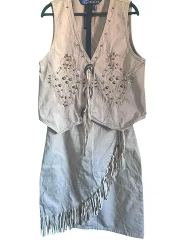 빈티지 프린지 베스트 & 스커트 셋업 베이지 계열