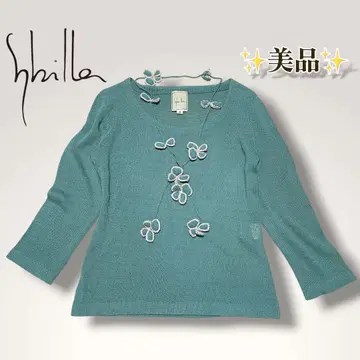 새상품급 Sybilla 시빌라 플라워 편직 리본 니트 7부 소매 M 민트