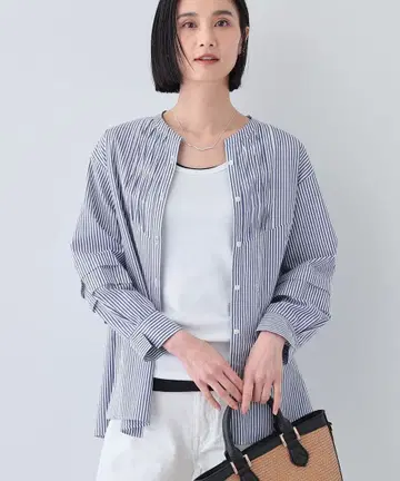 INDIVI 턱 디자인 블라우스 스트라이프 블루 38 M