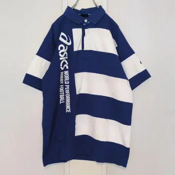 빈티지 구제 의류 아식스 라거 셔츠 블루 빅 로고 보더