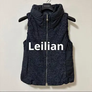 Leilian 이소재 절개 네프 트위드 베스트 충전솜 집업 네이비