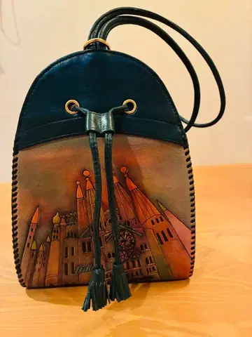 아트 가죽 복조리형 숄더백 건물 패턴 천연 가죽 미니백