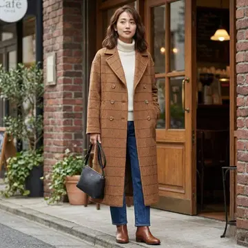 G7417*언그리드 롱 코트 브라운 M 더블 울 트위드